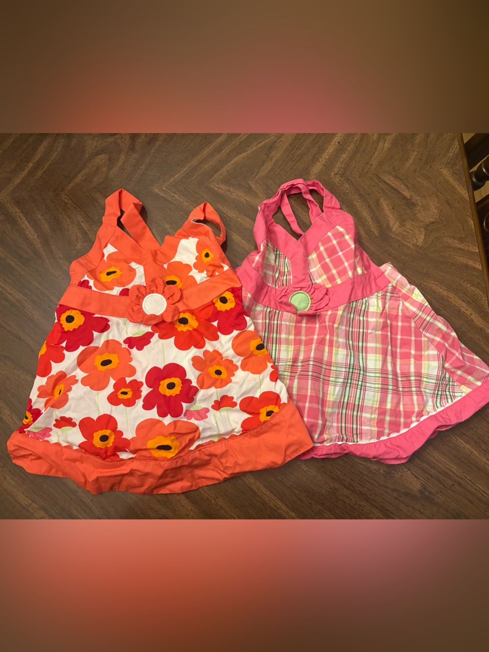 2 Girls' Floral & Plaid Sundress’s Y2K - Pink & Orange